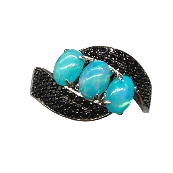 Oval Ethiopian Opal & Black Spinel Sterling Silver 3-Stone Ring - Picture 1 of 9
